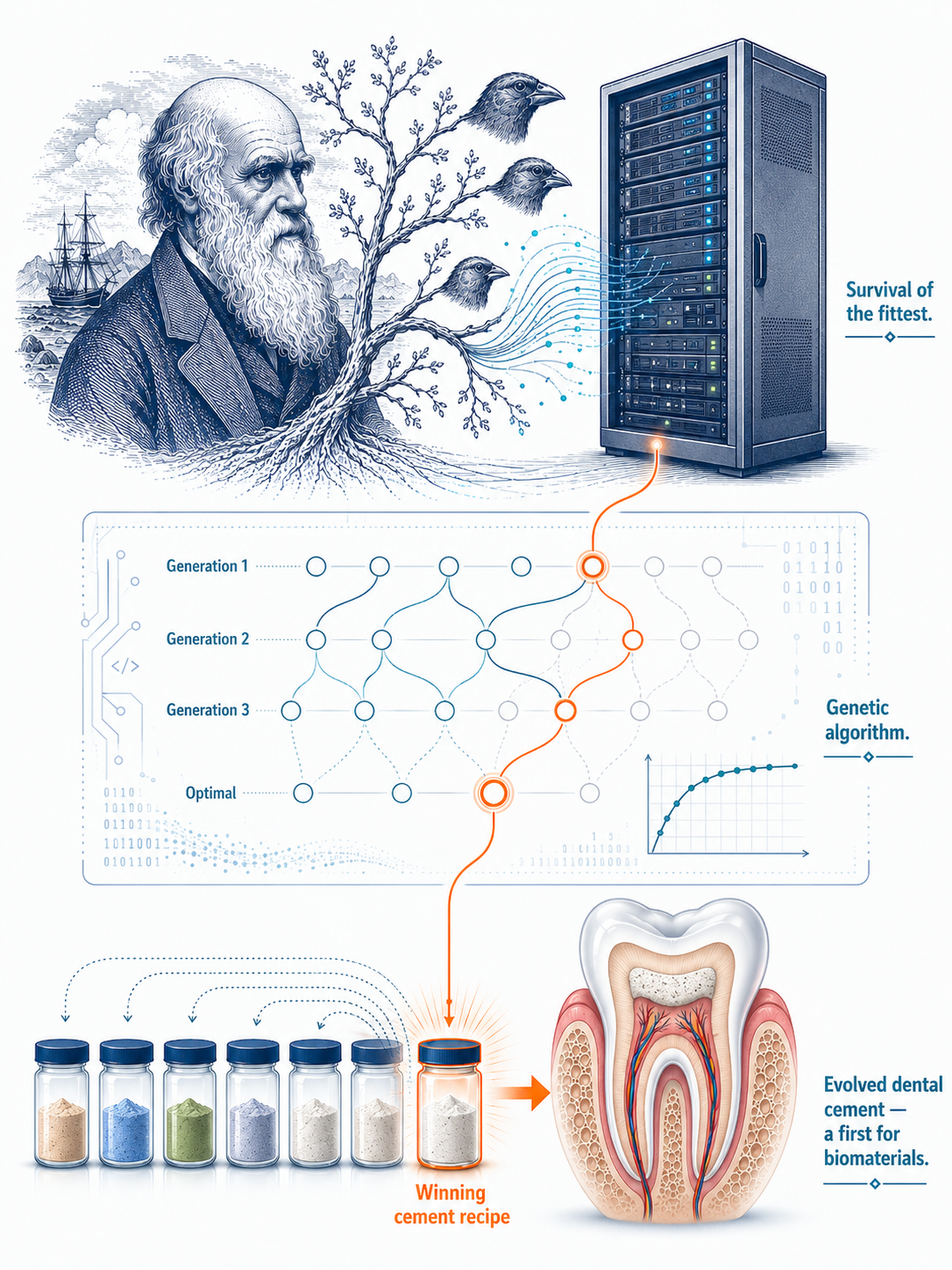 From Darwin to evolved cements: a vintage engraving of Charles Darwin beside a server running a genetic algorithm, which selects a winning cement recipe for a tooth.