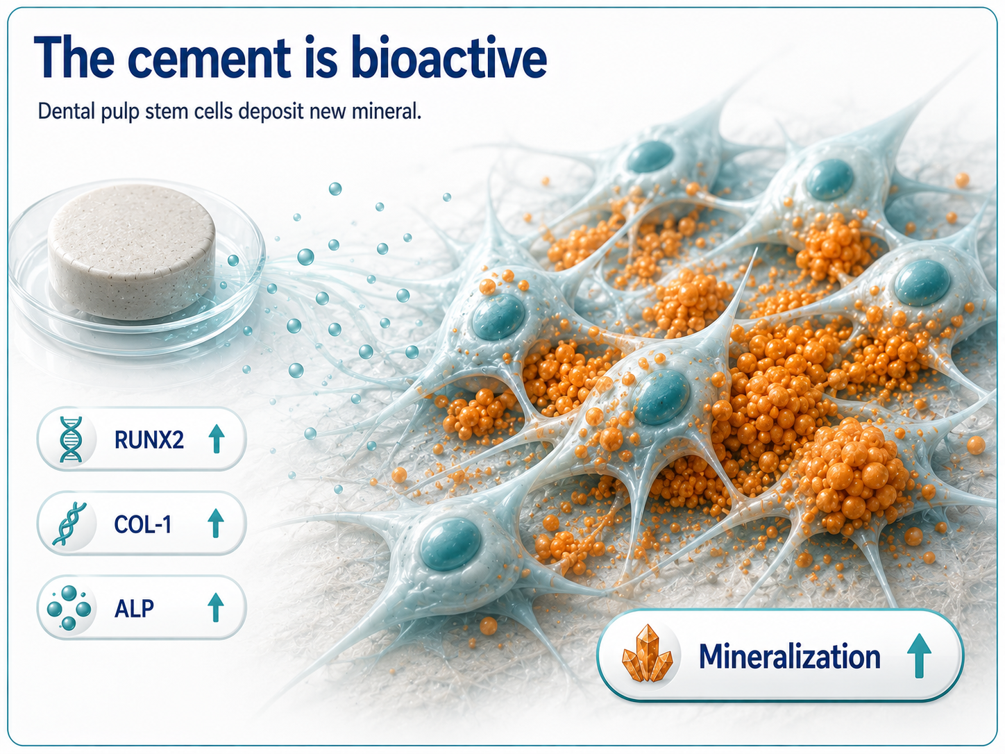 The cement is bioactive: dental pulp stem cells deposit new mineral nodules, with RUNX2, COL-1, ALP and mineralization increased.