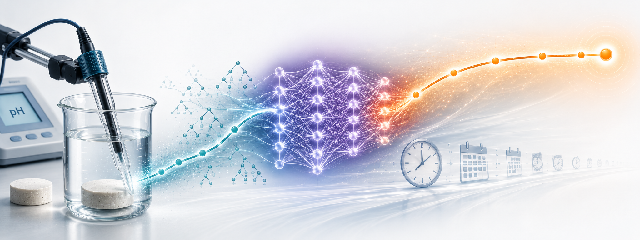 A real cement specimen measured early with a pH probe; the early pH curve passes through a machine-learning model (boosted trees and a neural network) and emerges as a predicted long-term pH curve to 672 hours.
