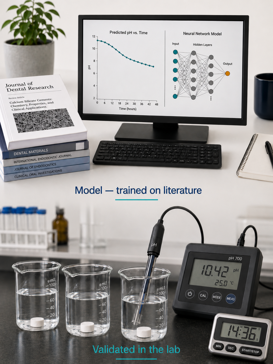 Top: a computer showing the prediction curve and neural-network model, trained on literature data. Bottom: a lab bench with cement specimens in beakers and a pH meter, validating the model.