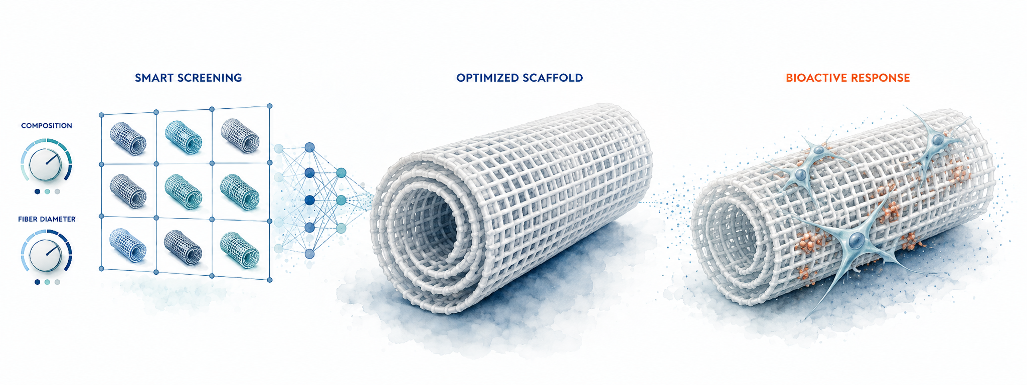 From a large field of 81 possible scaffold designs, a Taguchi orthogonal array selects nine smart runs, which lead to an optimized, bioactive 3D-printed scaffold colonized by cells.