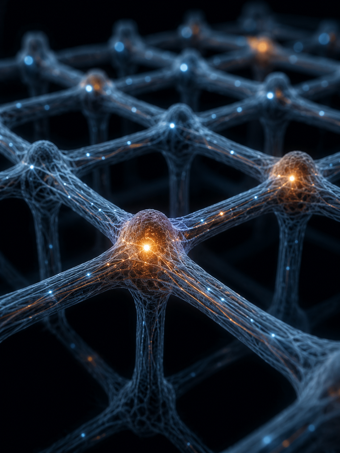 A 3D-printed biomaterial scaffold whose lattice doubles as a neural network — fibrous struts meeting at luminous nodes, with amber signal-nodes.