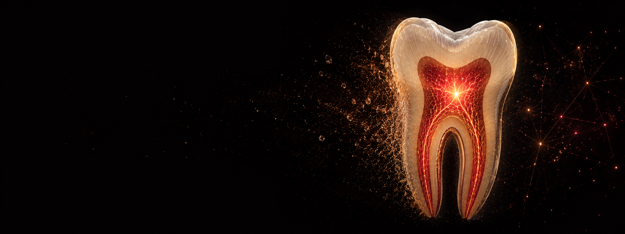 A living tooth in cross-section — mineral matter, a luminous vascular pulp, and a faint computational design-space converging.