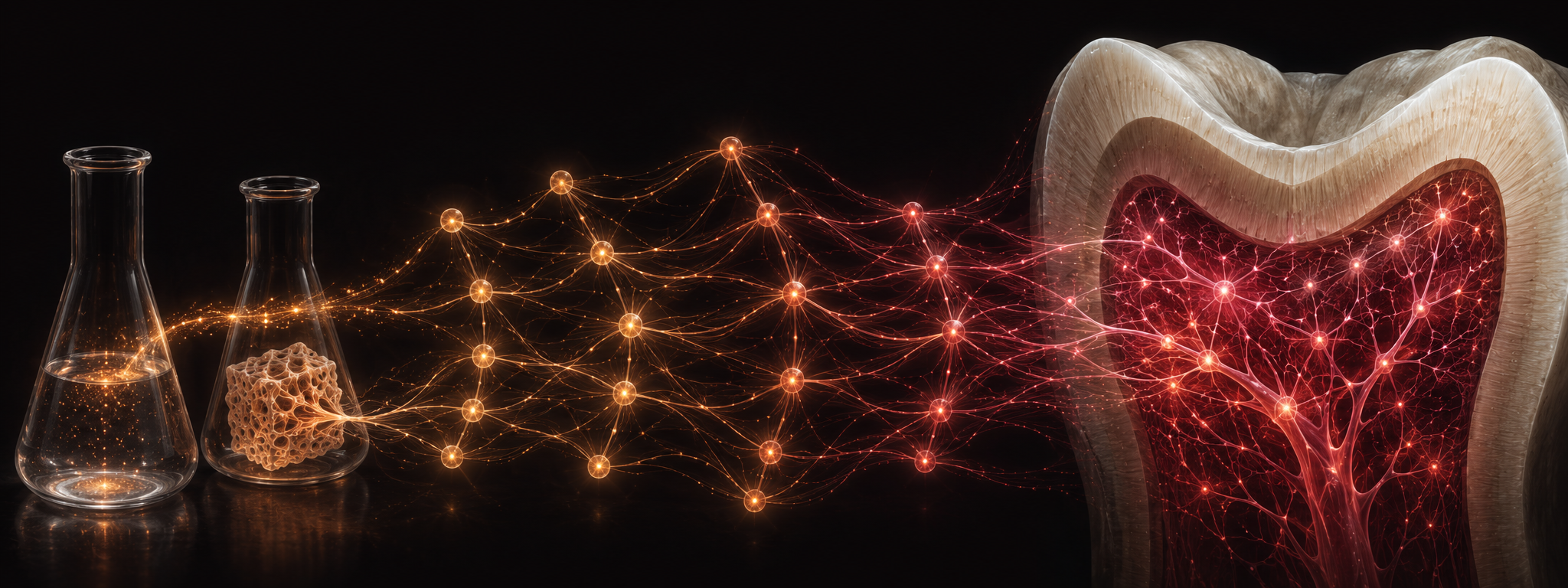 Biomaterials on the left feed a luminous computational design network that flows rightward and becomes the living vascular pulp inside a molar crown.