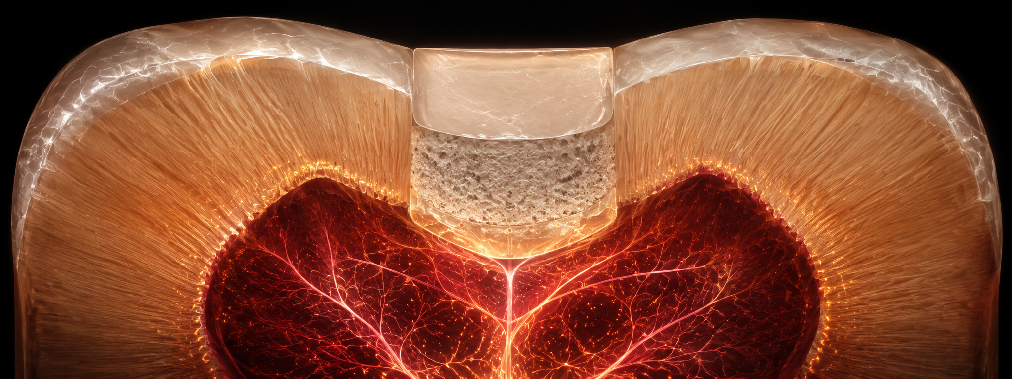 Cross-section of vital pulp therapy: a calcium-silicate cement caps the exposed pulp, a new dentin bridge forms beneath it, and the living vascular pulp responds.