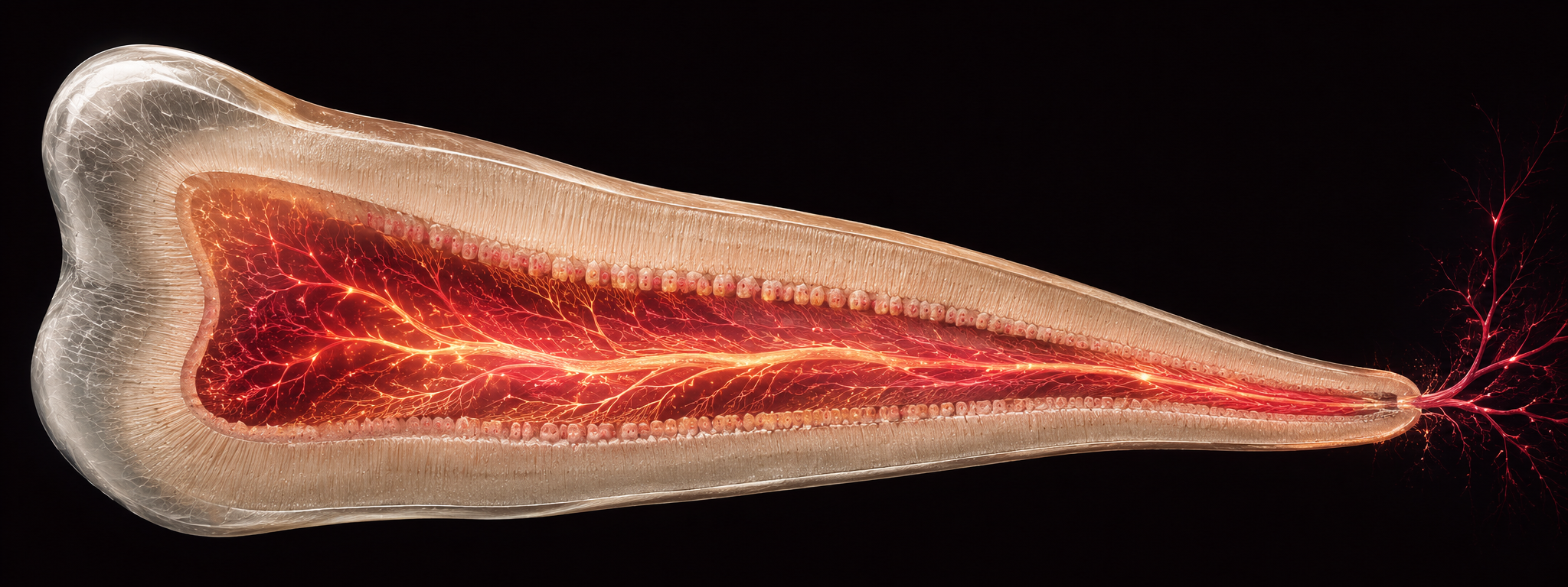 Longitudinal section of a tooth root whose canal has been repopulated with living, vascularized pulp-like tissue connecting from the apex to the pulp chamber, lined by a forming odontoblast layer.